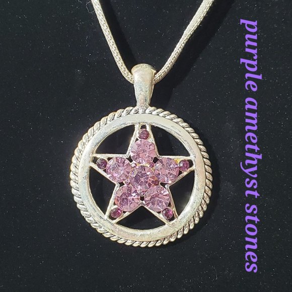 Purple Faceted Crystal Silver Star Pendant Statement Necklace - Picture 2 of 6